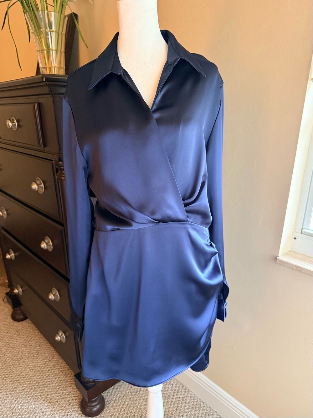 Zara Navy Blue Wrap Mini Shirt Dress | Long Sleeve | L | NWT